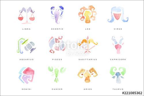 Zodiac Signs set of hand drawn watercolor vector Illustrations, Premium Kollekció