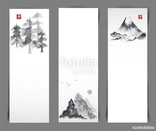 Három bannerek hegyekkel és erdőkkel. A hagyományos japánok, Premium Kollekció