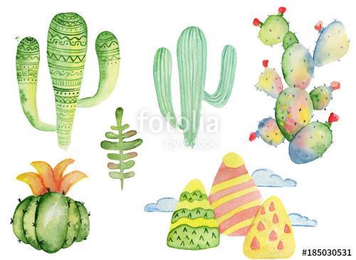 Watercolor tropical cactus hand drawn illustration set isolated , Premium Kollekció