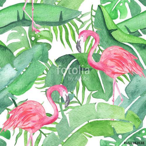 Tropical leaves and flamingo saemless pattern, Premium Kollekció