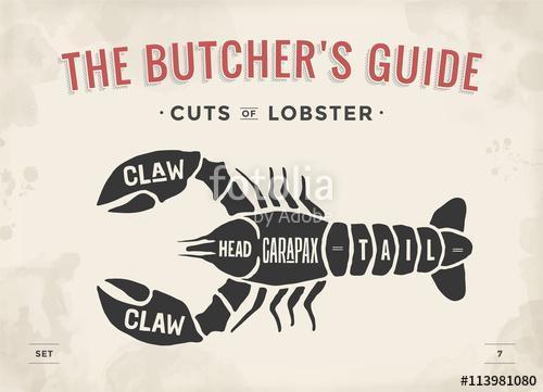 Cut of meat set. Poster Butcher diagram and scheme - Lobster. Vi, Premium Kollekció