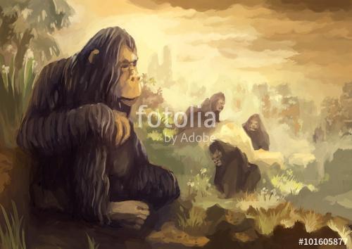 illusztráció digitális festmény majom hegy, Premium Kollekció