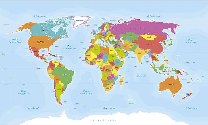 Világtérkép világtérkép. Vektorizált francia szövegek, Premium Kollekció