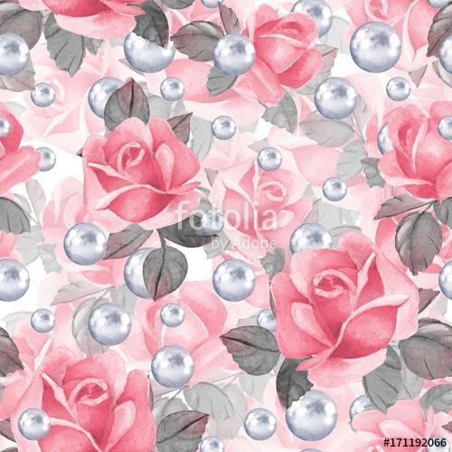 Floral seamless pattern 20. Watercolor background with pink rose, Premium Kollekció