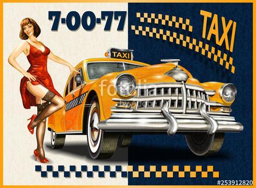 Taxi card with Pin-up girl and retro yellow taxi., Premium Kollekció