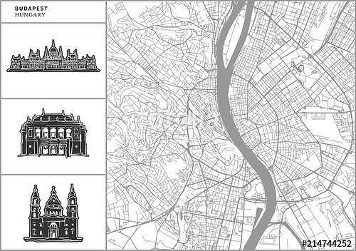 Budapest city map with hand-drawn architecture icons, Premium Kollekció