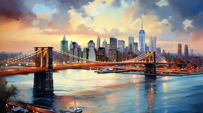 New York City naplementében Manhattannel és a Brrooklyn-híddal  (vízfestéék effekt), Partner Kollekció