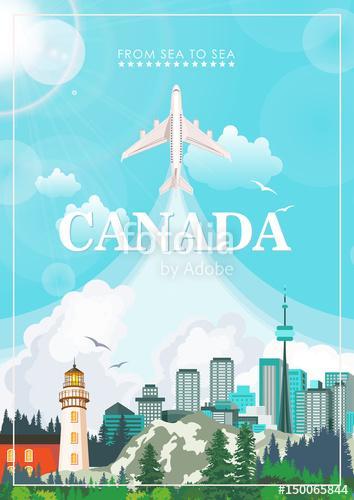 Kanadában. Kanadai vektoros illusztráció. Utazás képeslap., Premium Kollekció
