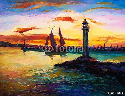 Kikötő világítótoronnyal (festmény), Premium Kollekció