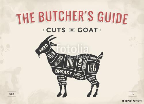 Cut of meat set. Poster Butcher diagram, scheme - Goat. Vintage , Premium Kollekció