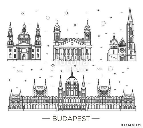 Hungarian travel landmark of historical buildings thin line icon, Premium Kollekció