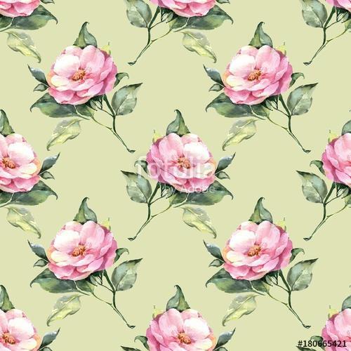 Floral pattern. Pink watercolor flowers on green background 22, Premium Kollekció