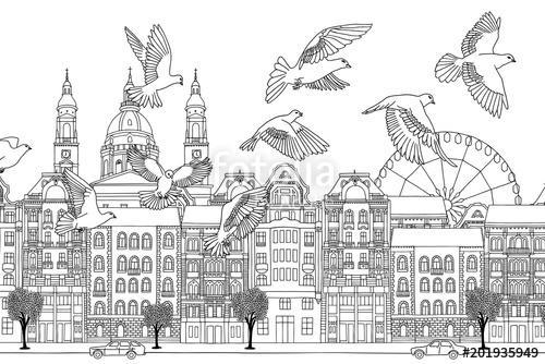 Birds over Budapest - hand drawn black and white illustration of, Premium Kollekció