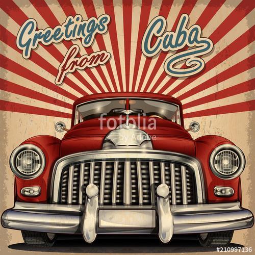 Vintage touristic greeting card with retro car.Cuba., Premium Kollekció