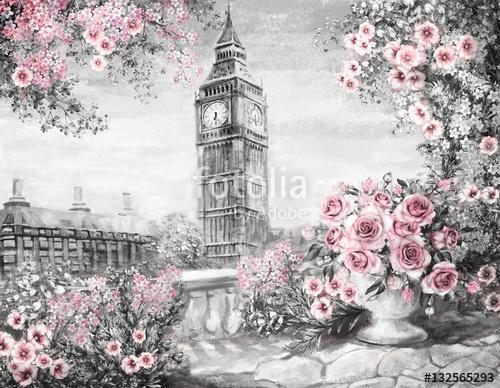 Rózsák és Big Ben, London színverzió 1 (olajfestmény reprodukció), Partner Kollekció