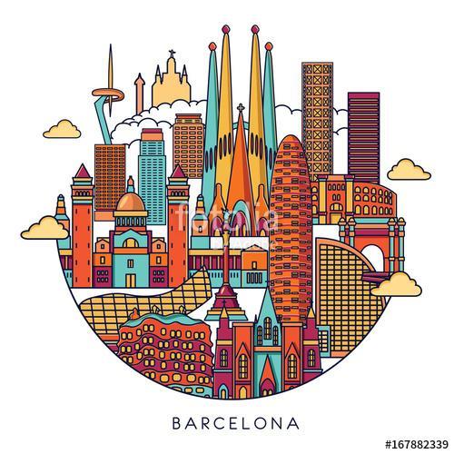 Barcelona skyline detailed silhouette. Vector line illustration, Premium Kollekció