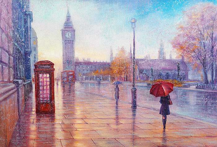 Street view of london, bus on road. Artwork. Big Ben., Premium Kollekció