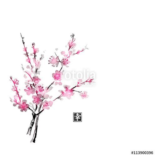 Sakura virágban. A hagyományos japán festékfestés sumi-e. Con, Premium Kollekció