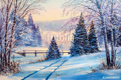 White bridge over the river, winter landscape, Premium Kollekció