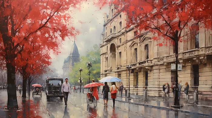 Budapest utcakép őszi esős időben esernyővel sétáló emberekkel 1. (festmény effekt), Partner Kollekció