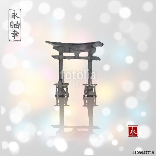 Torii kapuk kézzel húzott tintával a hagyományos japán stílusban, Premium Kollekció