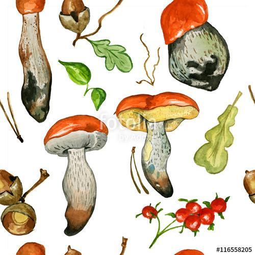 Seamless pattern with wild mushrooms. Hand drawn watercolor pain, Premium Kollekció