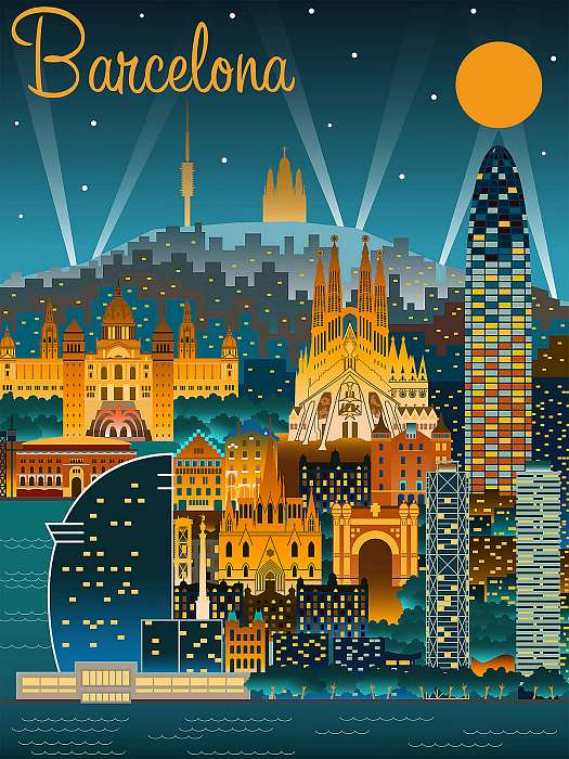 Barcelona at night. Handmade drawing vector illustration. , Premium Kollekció