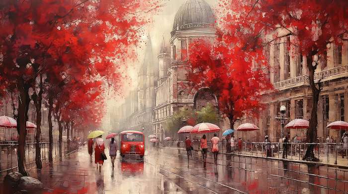 Budapest utcakép őszi esős időben esernyővel sétáló emberekkel 2. (festmény effekt), Partner Kollekció