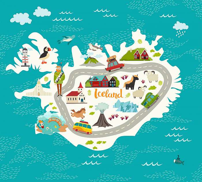 Iceland map vector illustration. Iceland landmarks, road, nature, Premium Kollekció
