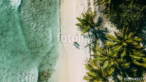 The couple walks on the beach between the ocean and palm trees, Premium Kollekció