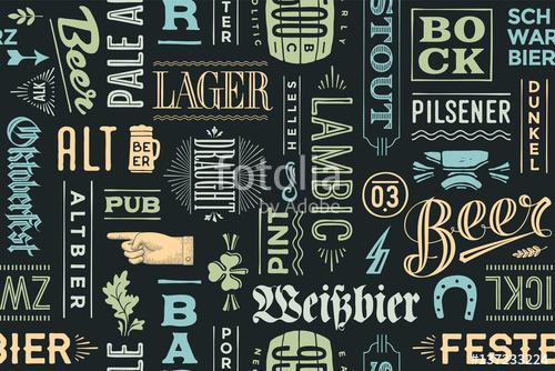 Seamless pattern with types of beer and hand drawn lettering for, Premium Kollekció
