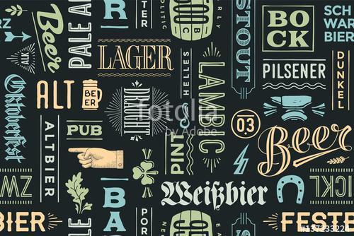 Seamless pattern with types of beer and hand drawn lettering for, Premium Kollekció