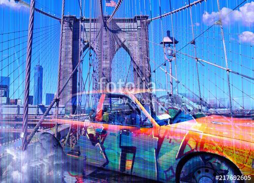 Yellow cab and the Brooklyn bridge - blue, Premium Kollekció