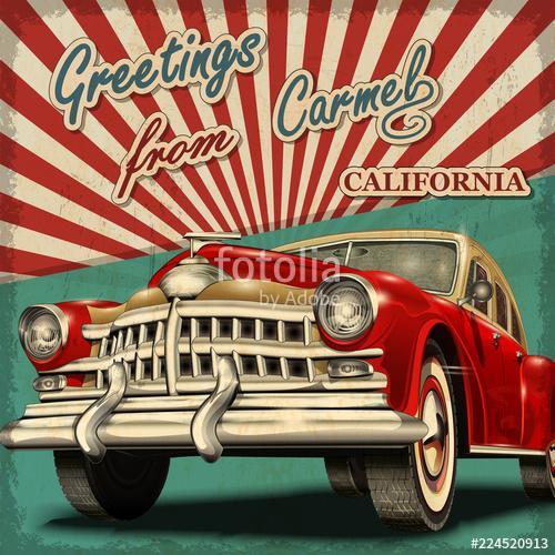 Vintage touristic greeting card with retro car.Carmel. California., Premium Kollekció