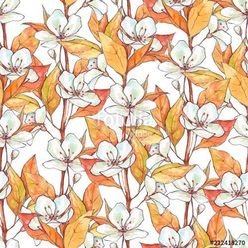Seamless pattern with white flowers and yellow leaves. Floral ba, Premium Kollekció