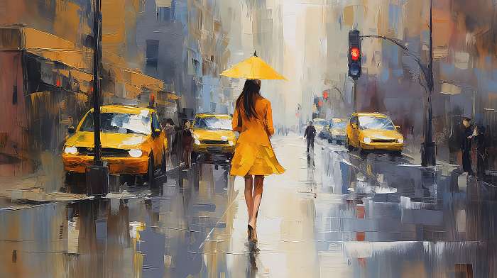 New York-i utca elegáns nővel esernyővel és sárga taxikkal (festmény effekt), Partner Kollekció