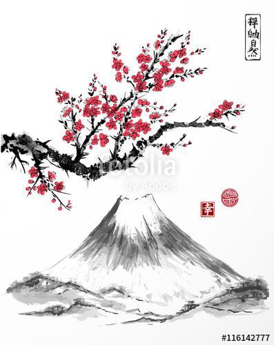 Oriental sakura cseresznyefa virágban és Fujiyama hegyen , Premium Kollekció