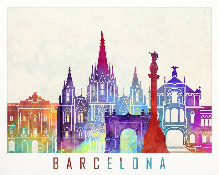 Barcelona landmarks watercolor poster, Premium Kollekció
