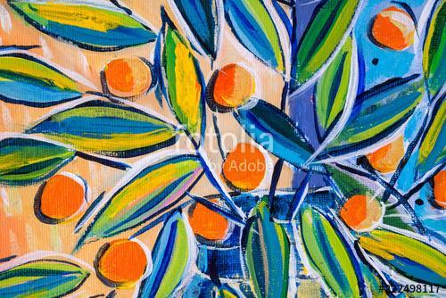 Details of acrylic paintings showing colour, textures and techniques. Expressionistic leaves and orange berries., Premium Kollekció