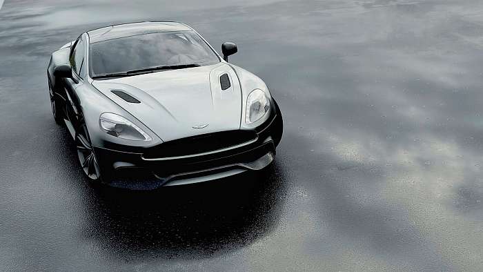 Aston Martin sportkocsi egy esős napon, 