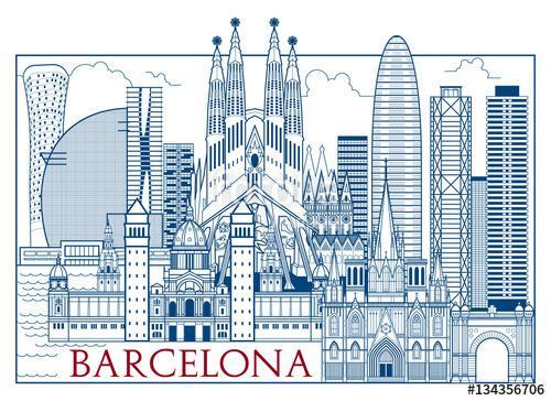 Barcelona Attractions. Handmade drawing vector illustration. All, Premium Kollekció