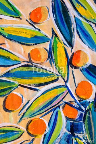 Details of acrylic paintings showing colour, textures and techniques. Expressionistic leaves and orange berries., Premium Kollekció