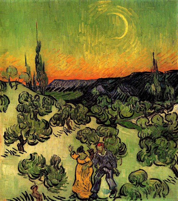 Tájkép sétáló párral és félholddal, Vincent Van Gogh