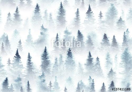 Seamless pattern of watercolor spruce forest in the fog., Premium Kollekció