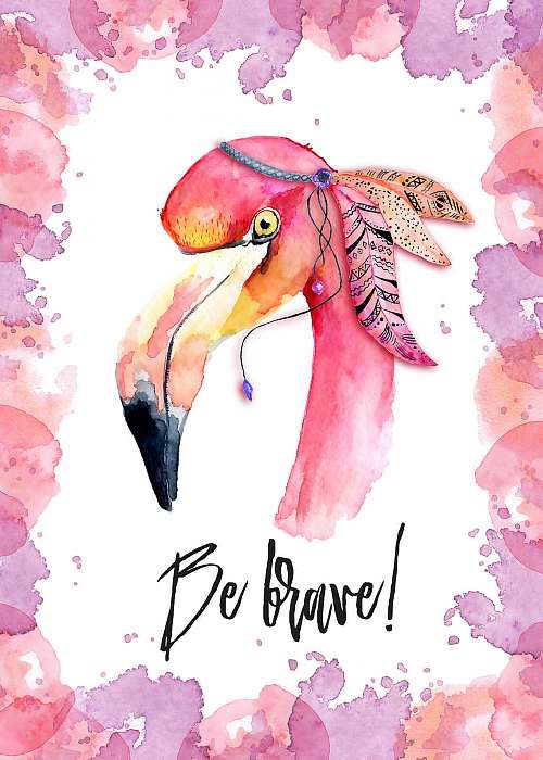 Watercolor pink Flamingo with feathers and incription Be brave, Premium Kollekció