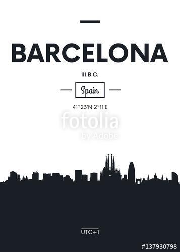 Poster city skyline Barcelona, Flat style vector illustration, Premium Kollekció