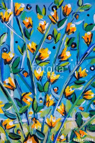 Details of acrylic paintings showing colour, textures and techniques. Expressionistic  tree branches with yellow spring blossom., Premium Kollekció