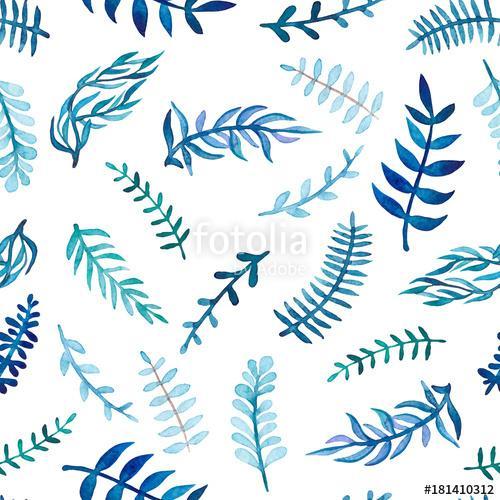 Herbal Seamless Pattern of Watercolor Blue Leaves, Premium Kollekció