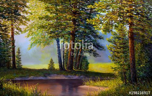 Landscape, mountain river.  Picture oil paints on a canvas., Premium Kollekció