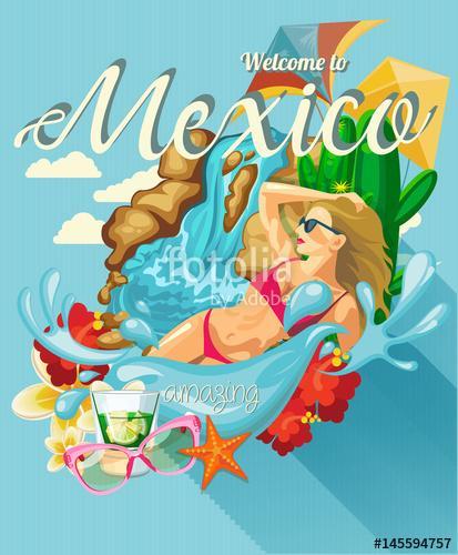 Vector színes kártya Mexikóban. Utazás plakát mexikói it, Premium Kollekció